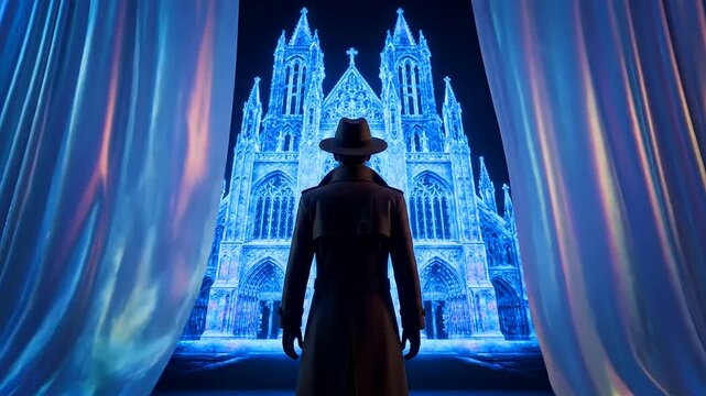 Mysterious Figure in Fedor and Trench Coat Stands Before an Enchanting, Glowing Blue Gothic Cathedral, Embodying Deep Work Concentration on a Grand Quest.