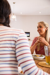 Diverse female friends chatting at home dining table with white bowl and orange juice, copy space