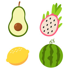 Flat Style Fresh Fruits Illustration, Avocado, Dragon Fruit, Lemon and Watermelon