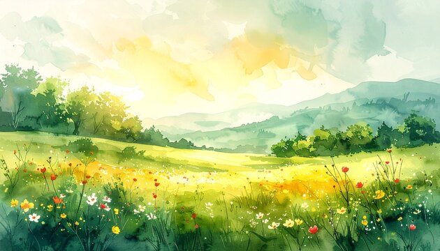 Watercolor landscape hinting early spring, soft green and yellow washes, abstract flo