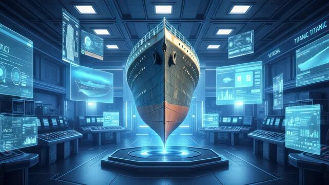Futuristic Ship Control Room: Holographic Display of Titanic