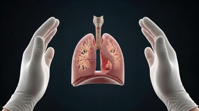 Medical Hands Protect Human Lungs Anatomy Illustration on Dark Background