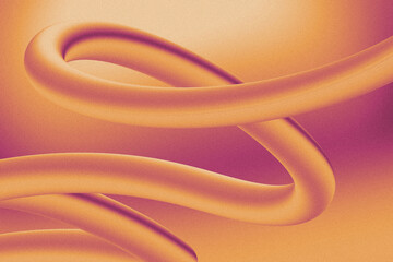 Intertwined tubular ribbons are twisting on warm orange magenta gradient in 3D render with grain