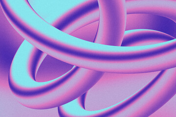 Interlocking torus tubes are weaving in glossy 3D scene, with neon cyan-magenta gradients, grain