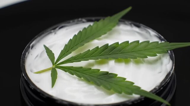 Close-up of cbis leaf on top of white cream in container.