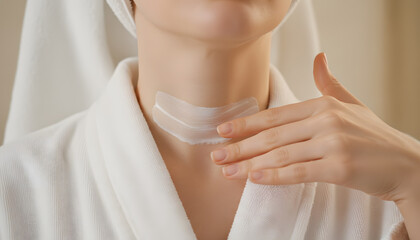 Obraz premium An adult woman in a white bathrobe applies a streak of white cosmetic cream to her neck while wearing a head towel during a spa routine. Generative AI