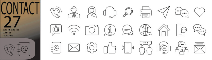 Contact ine editable icon set. Editable stroke. Vector illustration.