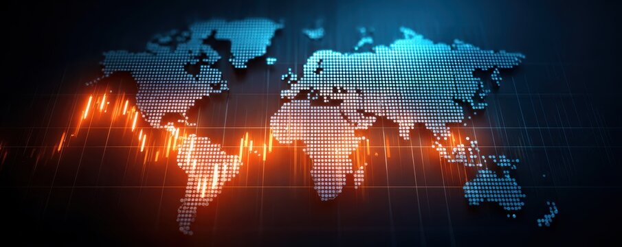 Concept of economic collapse. A digital world map illuminated with data points and fluctuating graphs, representing global connectivity and economic trends.