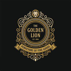Fototapeta premium Vintage Lion Emblem with Ornate Scrollwork and Fine Goods Text