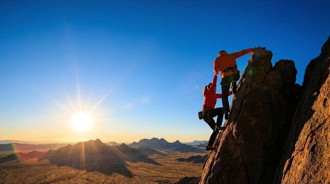 Two rock climbers assisting each other up a rugged cliff face against a vibrant sunset over a sprawling mountain range, embodying teamwork, challen...