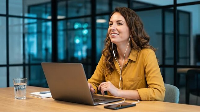Smiling young professional woman in earphones working on laptop at a wooden desk in a modern, collaborative office setting, engaged in a virtual me...