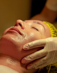 Naklejka premium Extreme close-up of a woman’s face during a cosmetic procedure. Natural skin texture is clearly visible, highlighting professional skin care and aesthetic treatment.