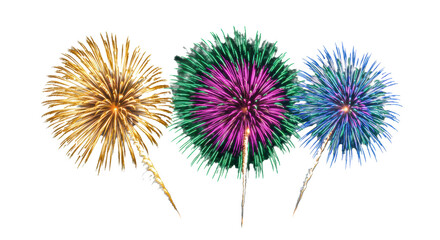 Obraz premium Three vibrant firework explosions: magenta & emerald, golden-yellow, blue & cyan bursts with arcing trails & sparkling glitter, on a transparent background with copy space, festive celebration