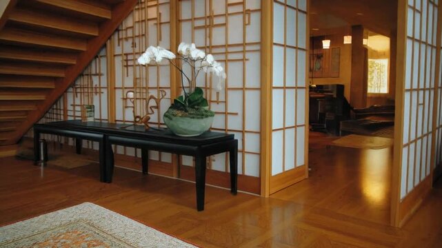 Interior view featuring wooden staircase, decorative screens, and a long black table