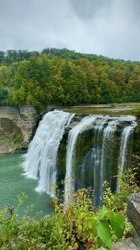 Waterfall With Multiple Cascades Pouring Over a Cliff (Letchworth State Park, Portageville, New York, USA)