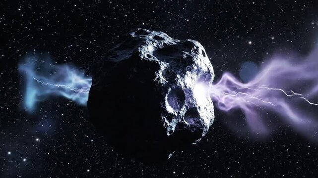 Asteroid in space with colorful energy waves