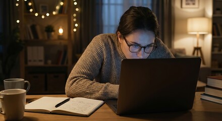 Focused Freelancer Working Late at Night on Laptop