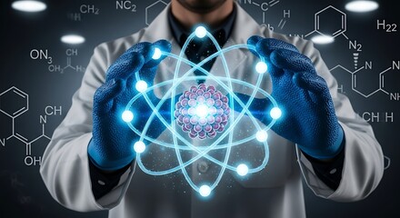Scientist Holding Glowing Atom Model with Chemical Formulas Background.