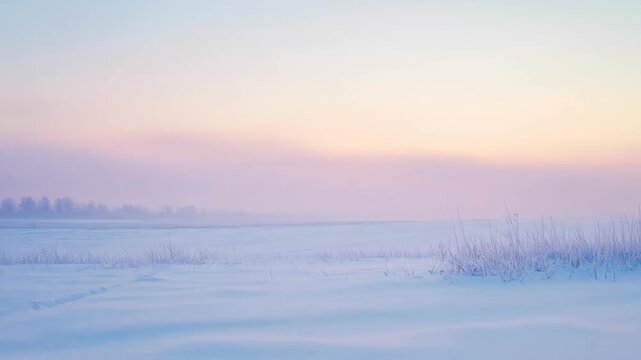 Snowy field at dawn with pink and blue hues and soft lighting