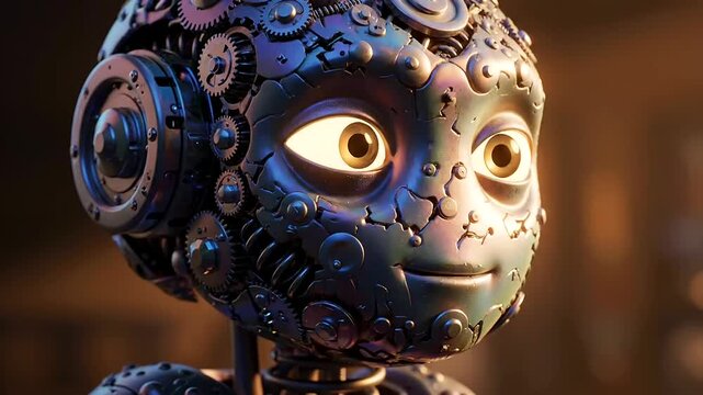 Captivating close-up of a sophisticated metallic robot head, intricately designed with gears and cogs, displaying deep work concentration and the essence of advanced AI contemplation.