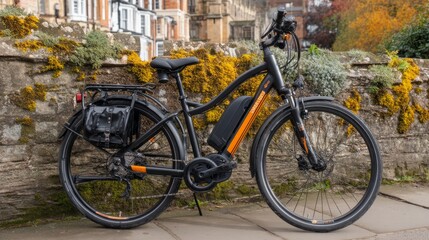 Obraz premium Electric Bicycle Parked by a Wall Surrounded by Moss and Urban Landscape