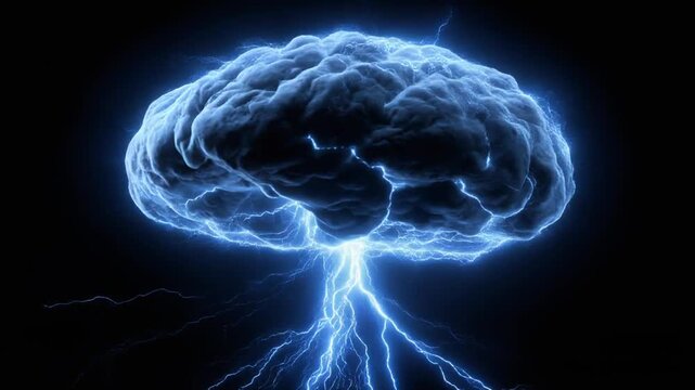 A luminous, brain-shaped form erupts with lightning bolts against a stark, black background
