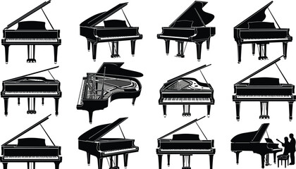 Grand piano silhouettes set, black vector collection of classic concert pianos, musical instrument icons for design, art, branding, projects, use © MdNurIslam