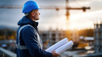 Civil engineer in blue helmet holding blueprints at a construction site with cranes, under soft sunlight. Suitable for themes of infrastructure, planning, engineering.
