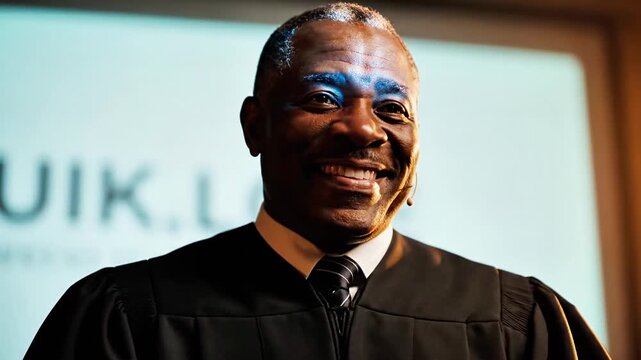 A close-up portrait of an older African American man wearing a formal black robe with a white shirt and tie, standing in front of a blurred background