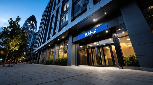 Modern bank facade with illuminated signage, reflecting cityscape and iconic skyscraper at dusk, ideal for business and finance concepts.