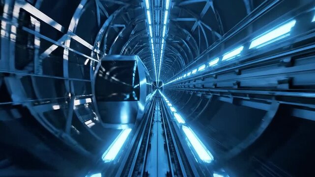 A futuristic, dark tunnel with blue lights and metallic structures stretching into the distance, creating a sense of depth and high-tech ambiance