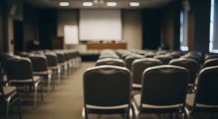 blurred, defocused shot of an empty conference room or auditorium, set up for a presentation or meeting