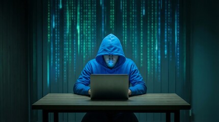 Anonymous hacker wearing blue hoodie working on laptop in dark room with digital code background
