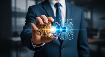 Businessman Holding Interlocking Gears and Digital Brain Symbolizing Innovation.