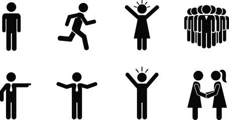 People action icons set, human pictogram collection, activities and gestures, black silhouette symbols for infographic, signage, web, app, and design