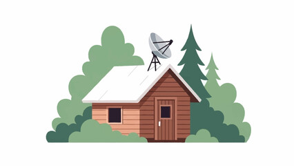 A rustic wooden house featuring a satellite dish on its white roof, surrounded by dense green trees and bushes.