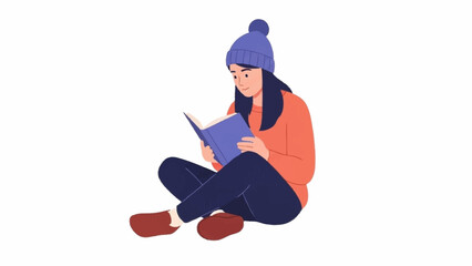 A young person wearing a blue beanie and orange sweater sits cross-legged, quietly reading a book.