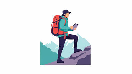 An adventurous hiker with a red backpack ascends rocky terrain while navigating with a digital map device, set against distant mountains.