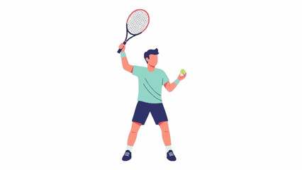 An illustration of a male tennis player in athletic wear preparing to serve, holding a racket overhead and a ball.