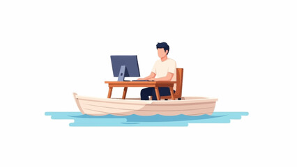 Digital nomad working remotely from a small boat with a computer and desk floating on calm water.