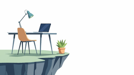 An isolated remote work desk with a laptop, chair, and lamp positioned on a precarious grassy cliff.