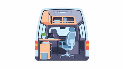 Interior view of a modern camper van converted into a mobile office with a desk, laptop, and ergonomic chair.