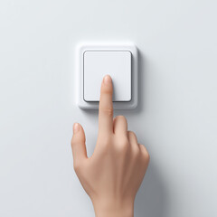 a clean and minimalist conceptual image featuring a human hand with a single finger pressing a modern white square light switch or button against a plain white wall.