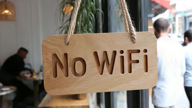 Sign reads no WiFi hanging in a cafe near a busy street on a weekday afternoon
