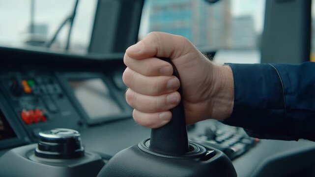 Operator controls joystick in a vehicle during a work shift in an urban area