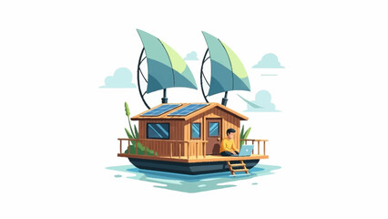 An illustration of a person working on a floating house with solar panels and wind sails, symbolizing sustainable remote living.
