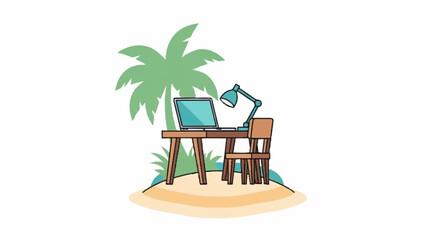 A remote work setup with a laptop and desk on a sandy tropical island under a green palm tree.