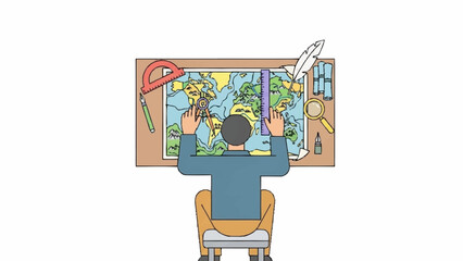 A person from behind meticulously studying a colorful world map on a desk, surrounded by various cartography tools.