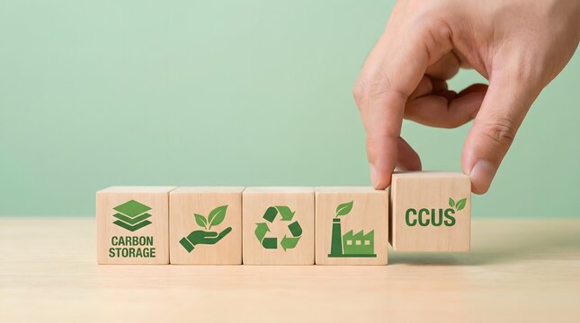 hand placing CCUS block among carbon capture cubes