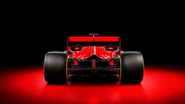 High-performance racing car in red color on display with striking lighting in a dark setting during a car show event